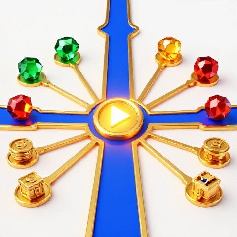 A glowing golden play button with branching golden roads leading to treasures on a bright studio background.