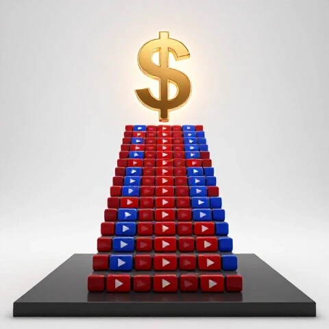 A staircase made of red and blue video play buttons rises from a dark plateau toward a glowing golden dollar sign, set in a bright white studio.