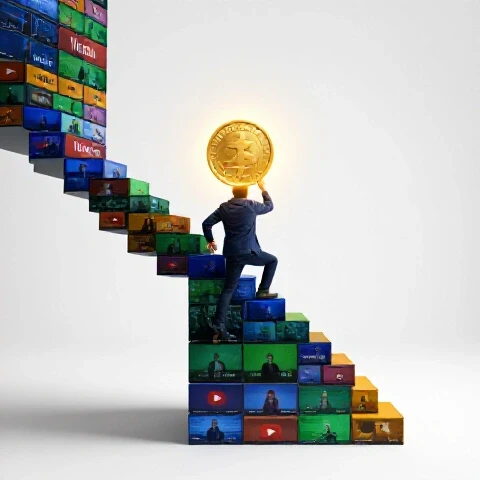 A staircase of colorful YouTube video thumbnails leads to a glowing gold coin in a bright studio setting.