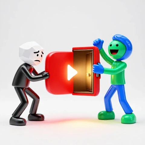 Split scene with an abstract creator figure facing a closed red YouTube vault on one side and joyfully opening a glowing vault on the other, set in a bright studio.