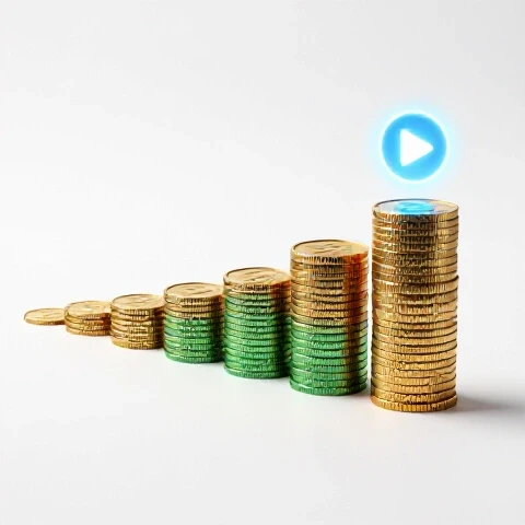 A timeline with growing stacks of gold coins and a glowing play button above the largest stack on a bright background.