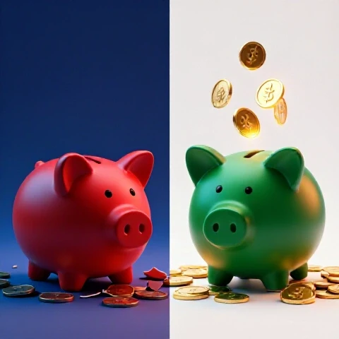 Split image showing broken piggy banks and scattered coins on one side and radiant gold coins spilling from an unbroken piggy bank on the other.