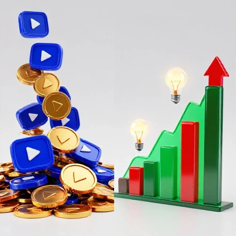Split-screen image with glossy coins and video icons on one side, analytics graphs and glowing lightbulbs on the other, all vibrant on a bright background.