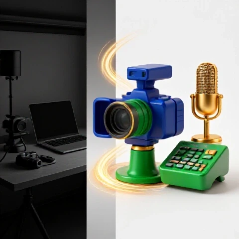 A dramatic split image showing a dull grayscale workspace transforming into a vibrant, gold-lit YouTube studio with advanced gear.