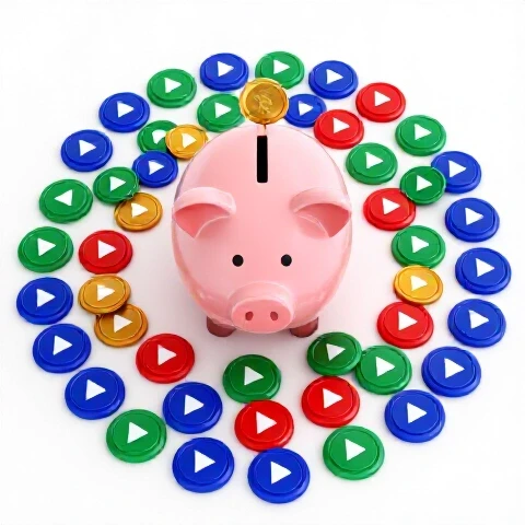 A small glossy piggy bank surrounded by a sea of colorful video play buttons on a bright white background