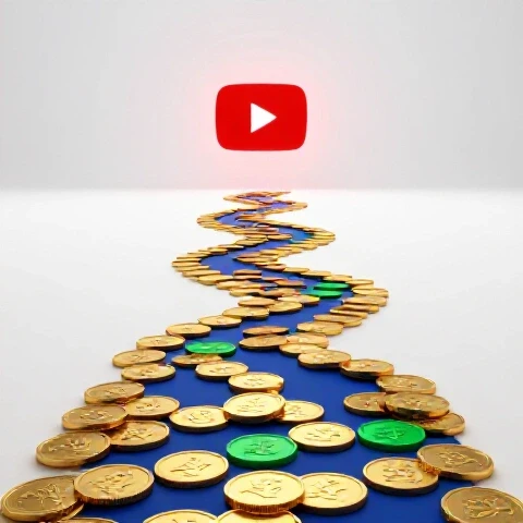 Golden coin path winds toward a glowing red YouTube play button on a bright white background.