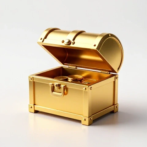 A gleaming golden treasure chest at the center, open to show only a few small coins inside on a bright white background.