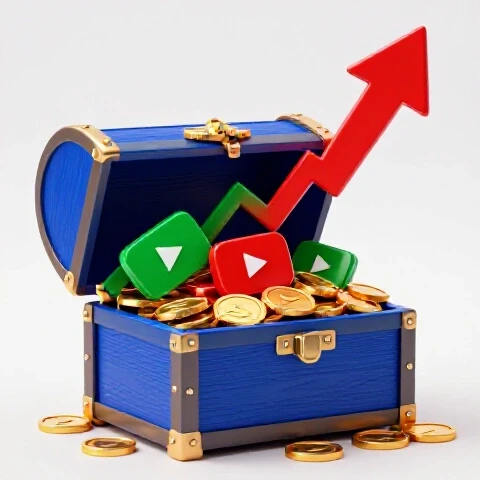 Open treasure chest full of gold coins and YouTube play buttons with an upward arrow graph on a bright background