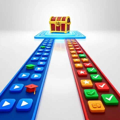 Diverging paths with tutorial and review icons lead to a glowing treasure chest on a bright, futuristic background.