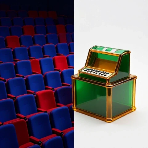 Vibrant theater packed with colorful seats beside an empty, broken cash register on a bright, clean background