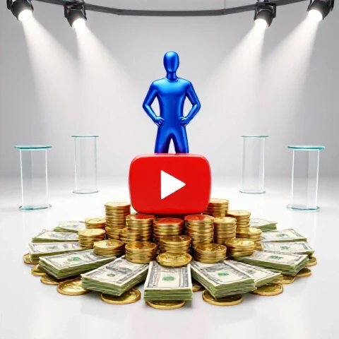 A confident creator figure stands on gold coins shaped like the YouTube play button, spotlights and empty podiums in a bright studio.