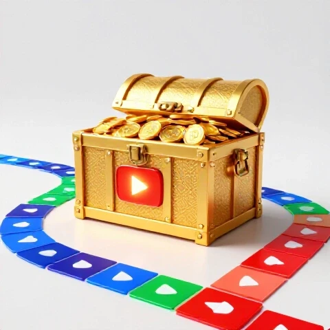 Golden treasure chest overflowing with coins and glowing play buttons at the end of a path made of video thumbnails.