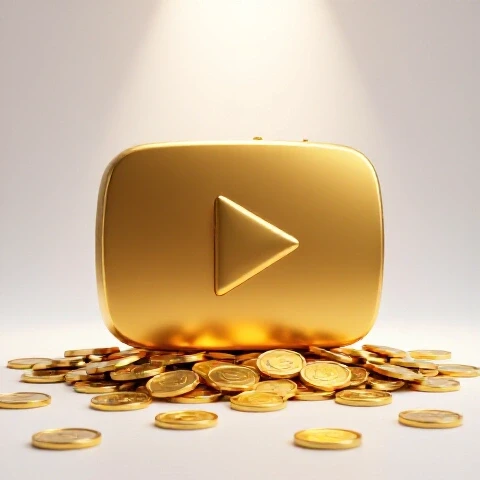 Golden YouTube play button melting into scattered coins under a bright spotlight on white background