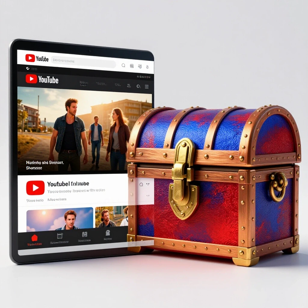 A split-screen image showing an open YouTube interface with a movie on one side and a locked treasure chest on the other.