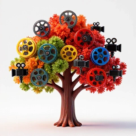 A vibrant tree with colorful branches, each holding a unique film reel or video camera, on a bright background.