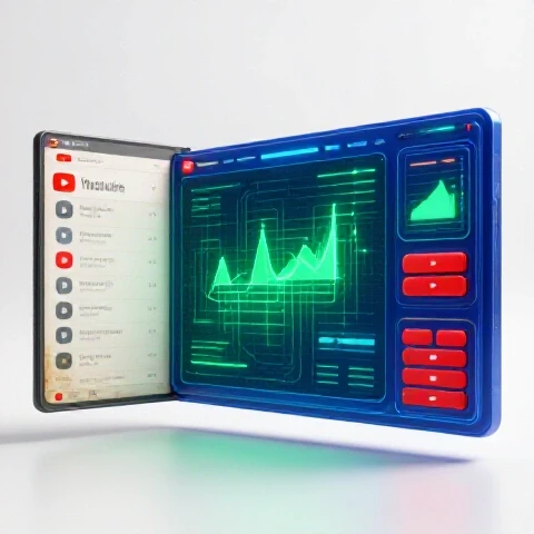 Split-screen image contrasting an old faded YouTube interface with a vibrant futuristic dashboard and glowing features.