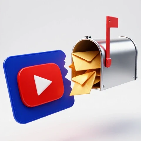 YouTube thumbnail transforming into an overflowing metallic mailbox with golden envelopes on a bright background