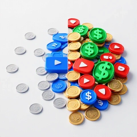 Split scene showing dull coins on one side and overflowing shiny coins with digital symbols on the other, set on a bright background.