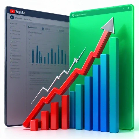 Split-screen of a dull and a vibrant YouTube dashboard with dynamic arrows symbolizing channel growth