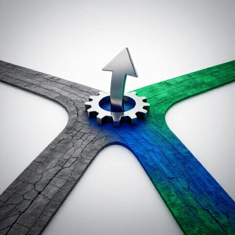 A crossroads featuring a cracked, fading path diverging from a vibrant, glossy new road with a bold metallic arrow at the center