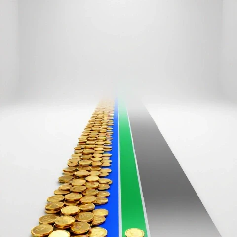 A split path with a gold-coin-lined bright trail contrasted against a wider, shadowy uncertain path