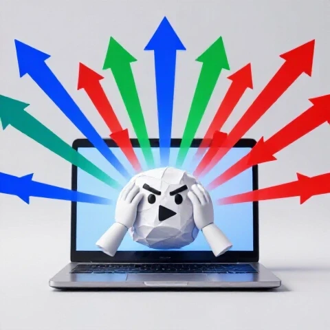 Vibrant 3D scene of a symbolic frustrated creator facing a blank laptop screen with dramatic arrows pointing at it on a bright white background.