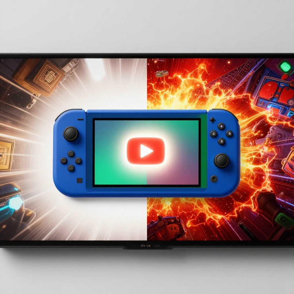 A split-screen image showing a Nintendo Switch Lite with a glowing YouTube logo and a vibrant gaming video thumbnail.