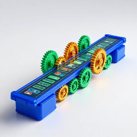 Vivid assembly line of thumbnails, cameras, and timelines moving through colorful gears on a bright studio background.
