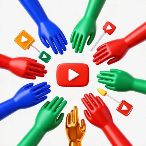 Multiple colorful hands build play buttons and timelines on a bright background, symbolizing YouTube teamwork.