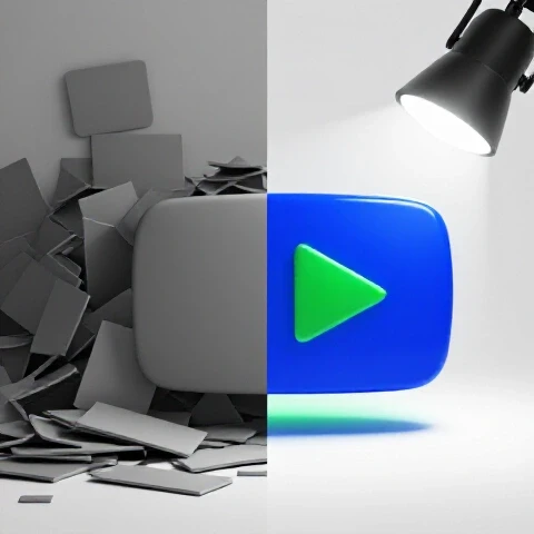 Split image of a cluttered, dull thumbnail transforming into a vibrant, focused YouTube play button under spotlight.