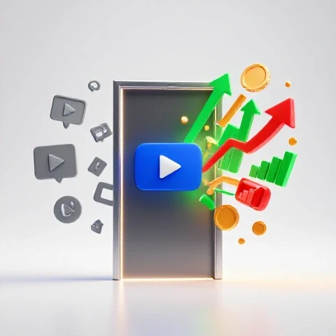 A metallic doorway portal contrasts a dim YouTube icon side with a vibrant side full of colorful growth symbols