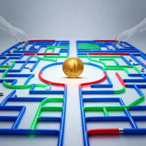 A maze of glowing tangled wires leading to a shiny gold coin, with shadowy hands hiding obstacles.