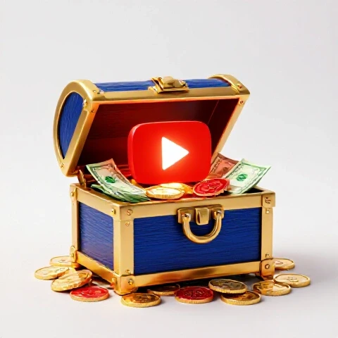 A golden treasure chest brimming with coins and dollar bills emerges from a glowing YouTube play button