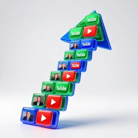 Vivid upward staircase of glowing YouTube thumbnails on a bright studio background, symbolizing channel growth