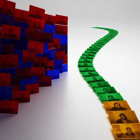 Split scene showing chaotic video thumbnails on one side and a clear, organized playlist path on the other, set against a bright, clean background.
