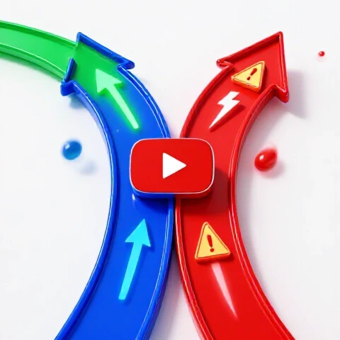 A crossroads sign with vivid colored paths; one stormy and red, one bright with arrows, and a YouTube play button center.
