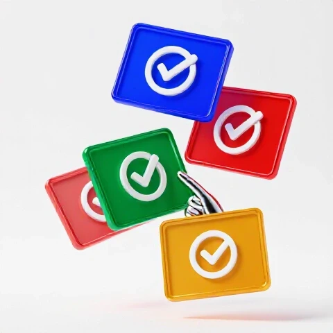 Vibrant, floating video thumbnails with poll icons and a sleek hand reaching to select one, set against a bright studio background.