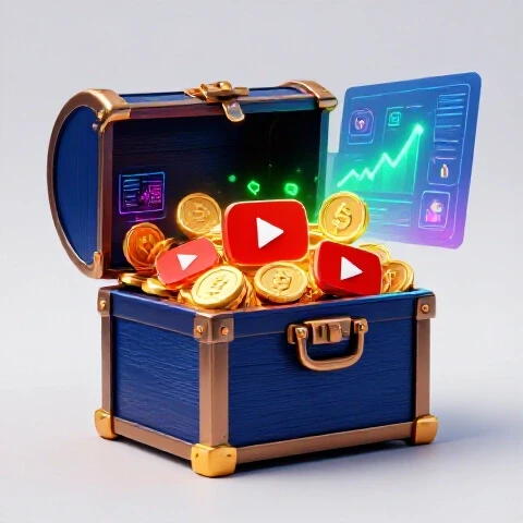 Glowing treasure chest filled with play buttons and coins on a bright background, split by streaming and earnings symbols.