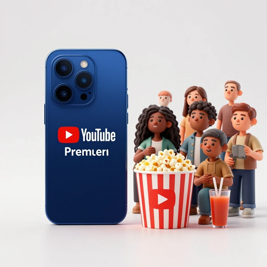 A luxurious smartphone representing YouTube Premium on one side, contrasting with engaging party snacks on the other side, hinting at sharing dynamics.