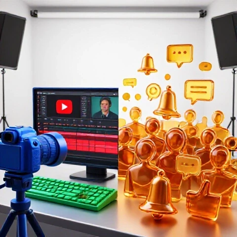 Vivid split-screen of creator's tech workspace and engaged audience symbols on bright background, emphasizing transparency and connection.