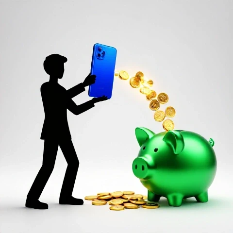 Polished product and glowing piggy bank linked by golden coins on a bright studio background.