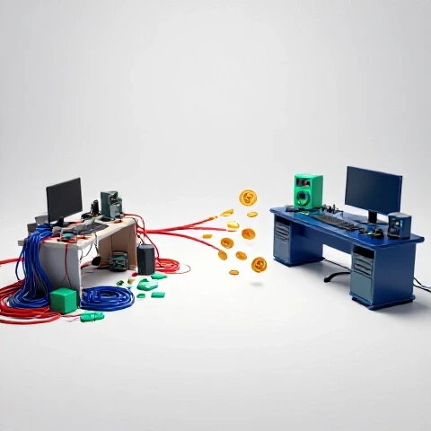 A split scene shows a cluttered home studio morphing into an organized, premium production setup with vivid colors.