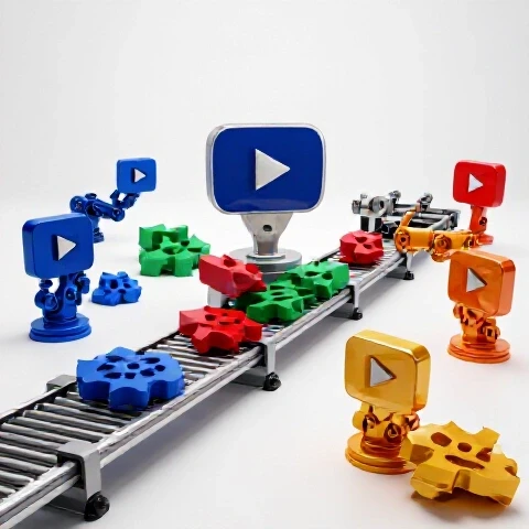 A dynamic assembly line turns vibrant, rough video icons into polished play buttons on a clean white background.