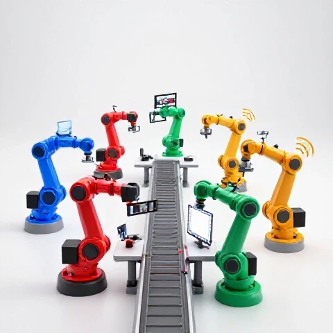 Colorful assembly line of robotic arms performing stages of video production, set in a bright, clean studio.