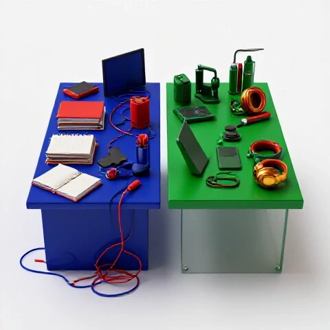 Split scene showing cluttered, chaotic workspace on one side and organized, colorful creative desk on the other against a bright background.