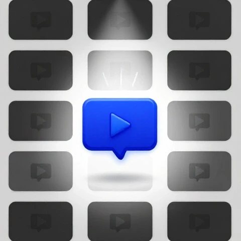 Vivid spotlight frames a rising blue video thumbnail among dimmed thumbnails, symbolizing YouTube discovery boost.