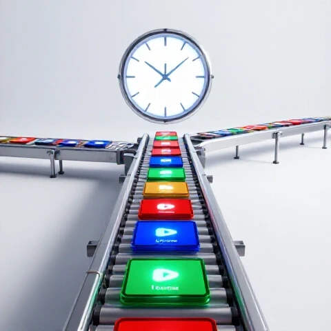 Assembly line of glowing video thumbnails racing toward a shimmering clock in a bright studio setting