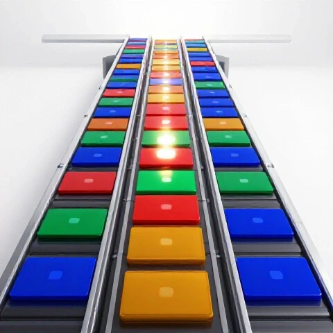 A bright assembly line of colorful video thumbnail cards moving toward a glowing upload button in a clean studio setting.