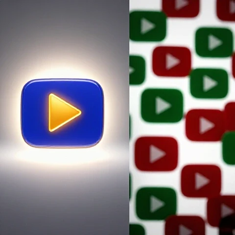 Split scene with one glowing video icon in spotlight and many dimmer icons fading into a bright studio background