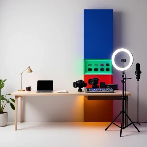 A dynamic scene transitions from a simple home workspace to a vibrant, professional YouTube studio with bold equipment.